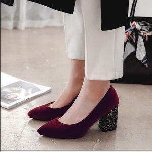 Velvet Sparkle Chunky Heel Holiday Pumps 3 Colors